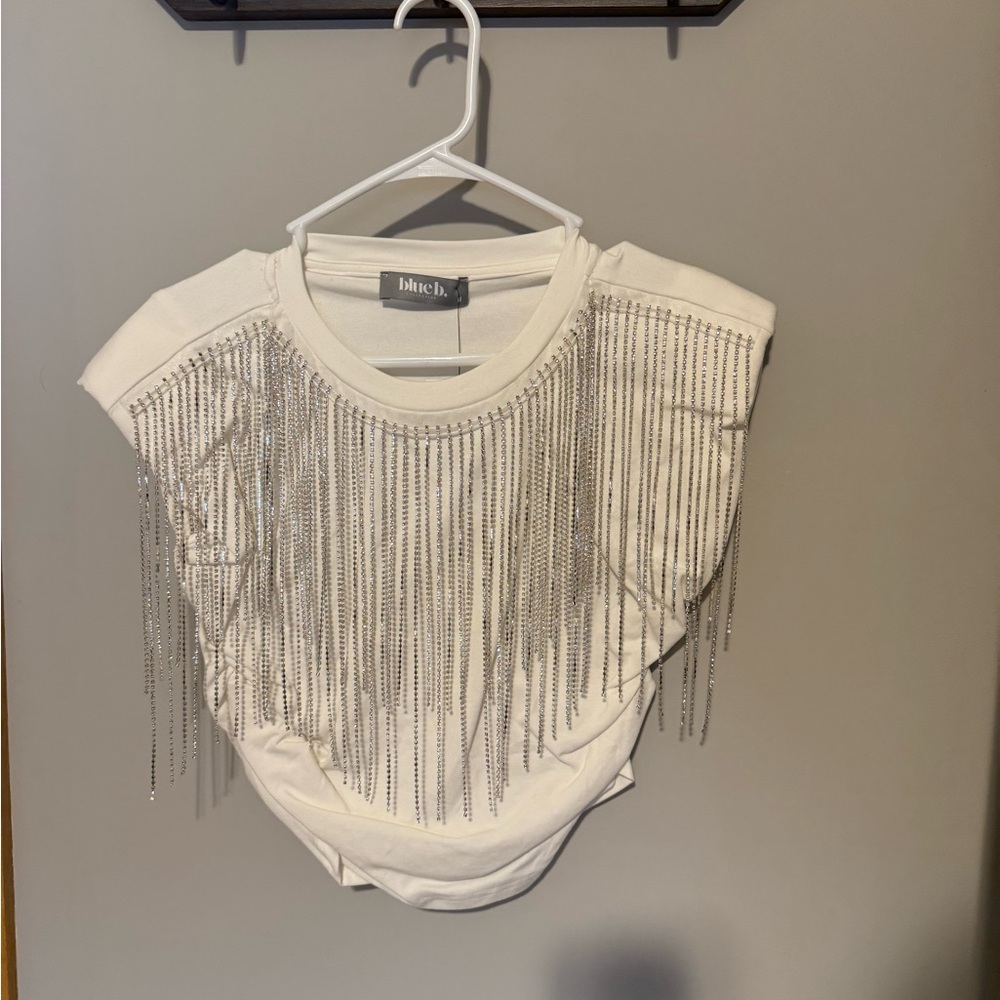 White Crop Top with Silver Rhinestone Fringe